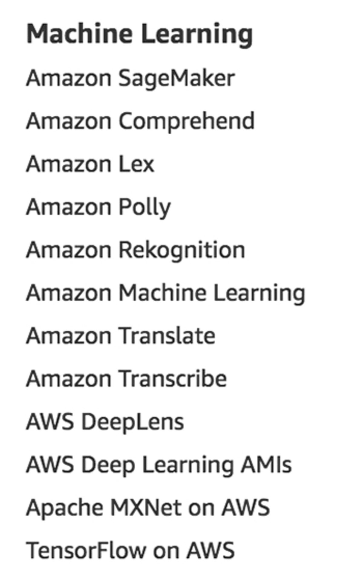 Machine Learning services as listed on aws.amazon.com