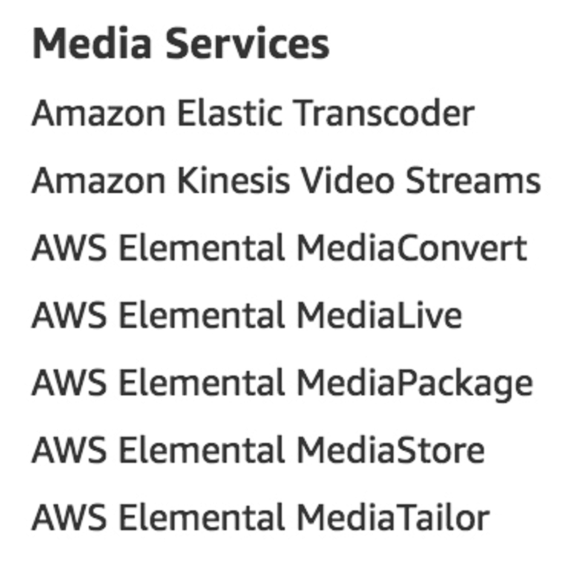Media services as listed on aws.amazon.com