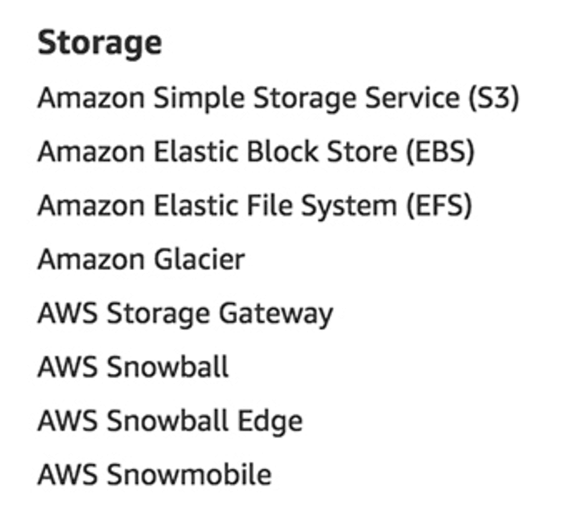 AWS Storage Services as listed on aws.amazon.com