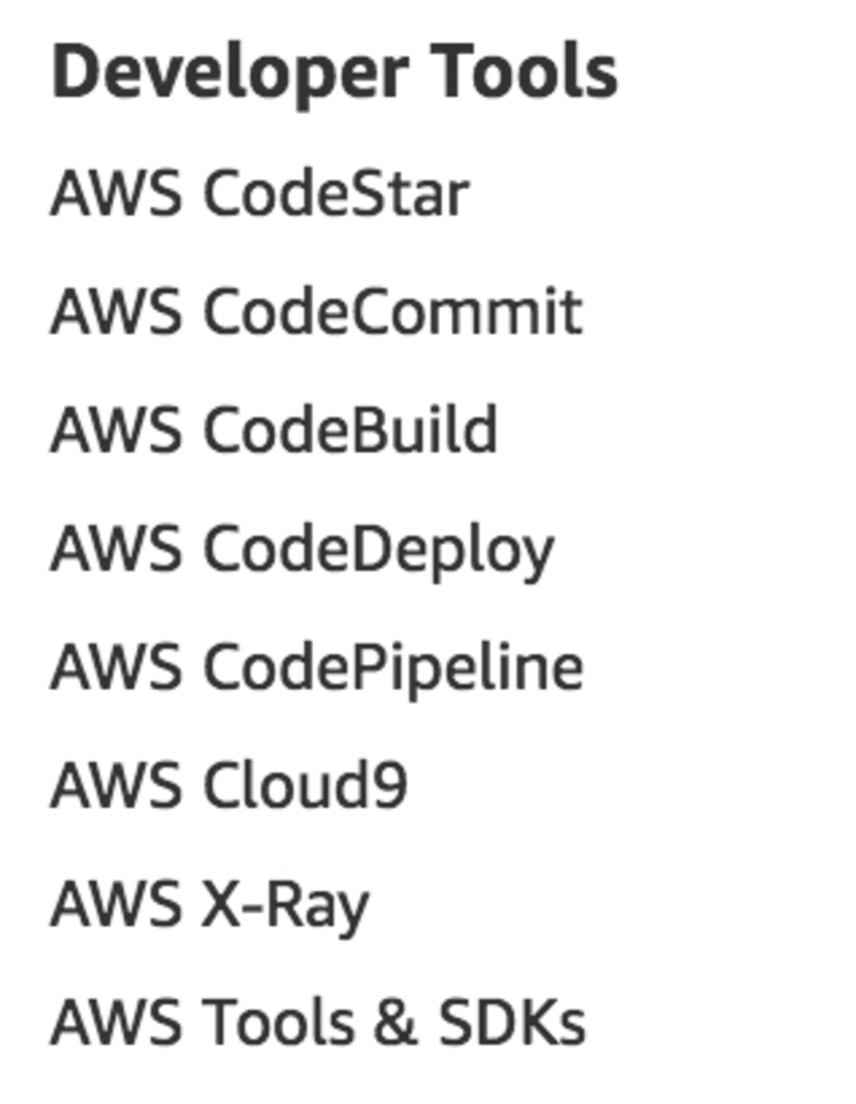 Developer Services as listed on aws.amazon.com