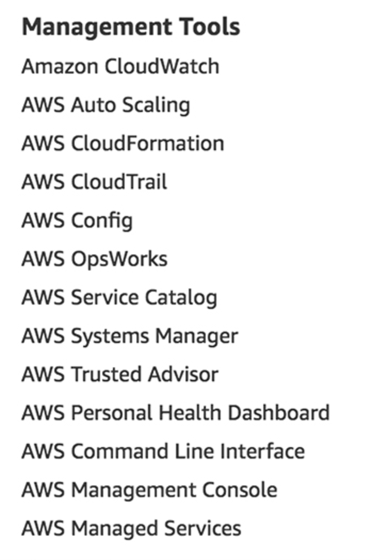 Management services as listed on aws.amazon.com