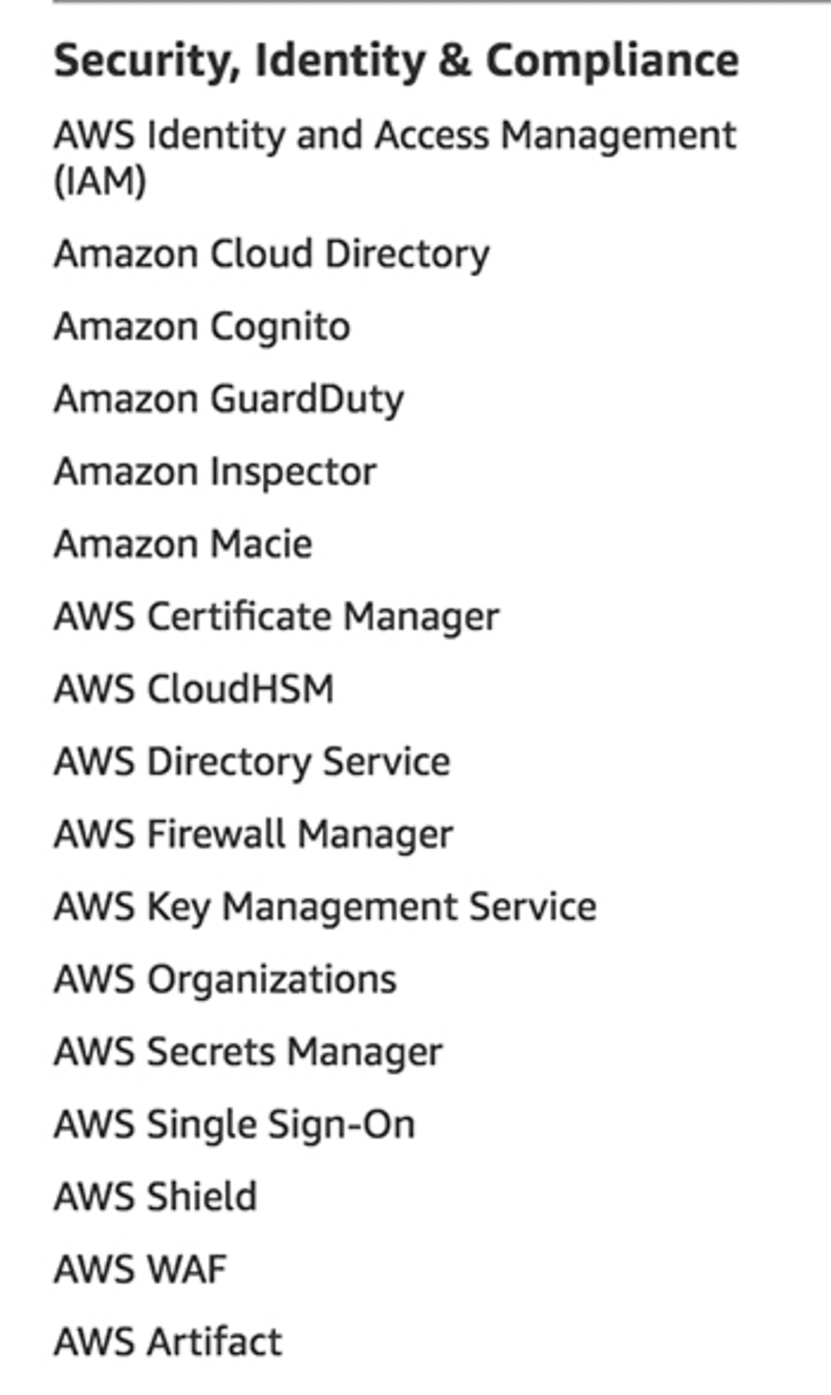 Security services as listed on aws.amazon.com