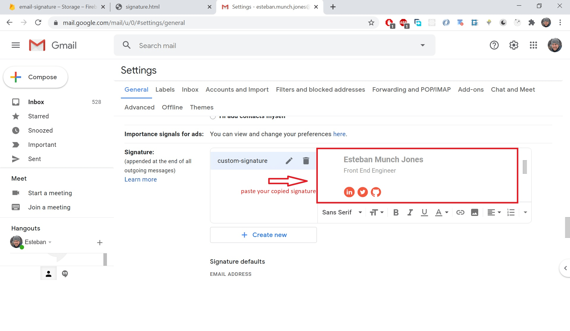 Paste your copied signature into the field