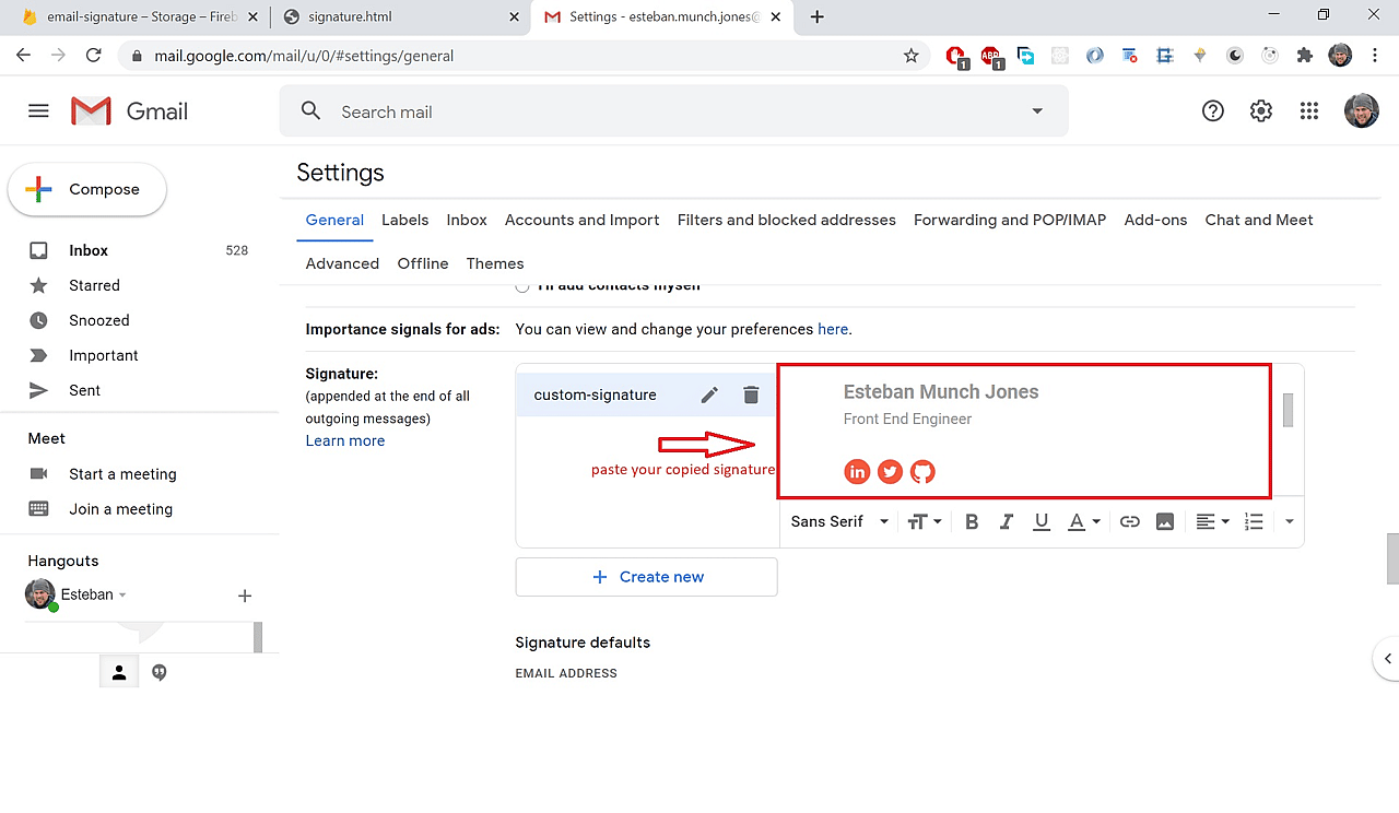 Paste your copied signature into the field