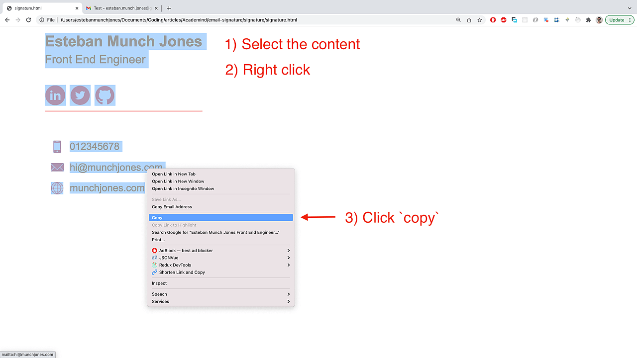 Copy the previewed signature by right clicking on it.