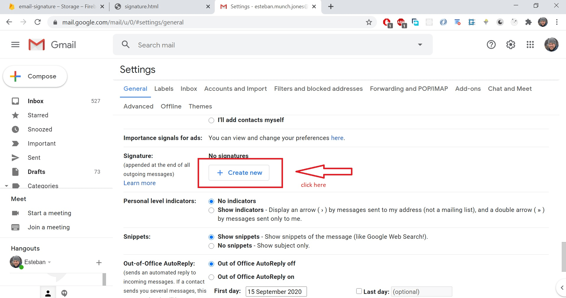 Click on Create new in the signature area