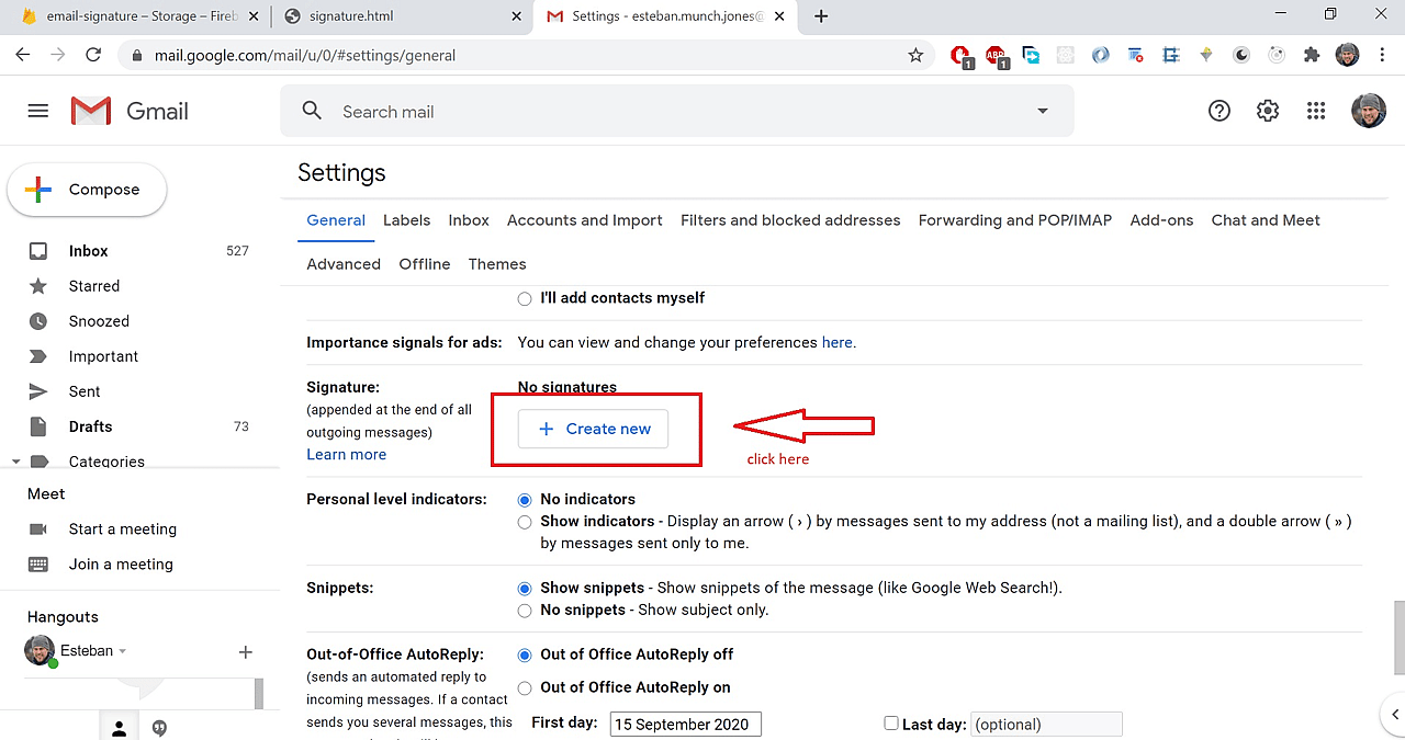 Click on Create new in the signature area