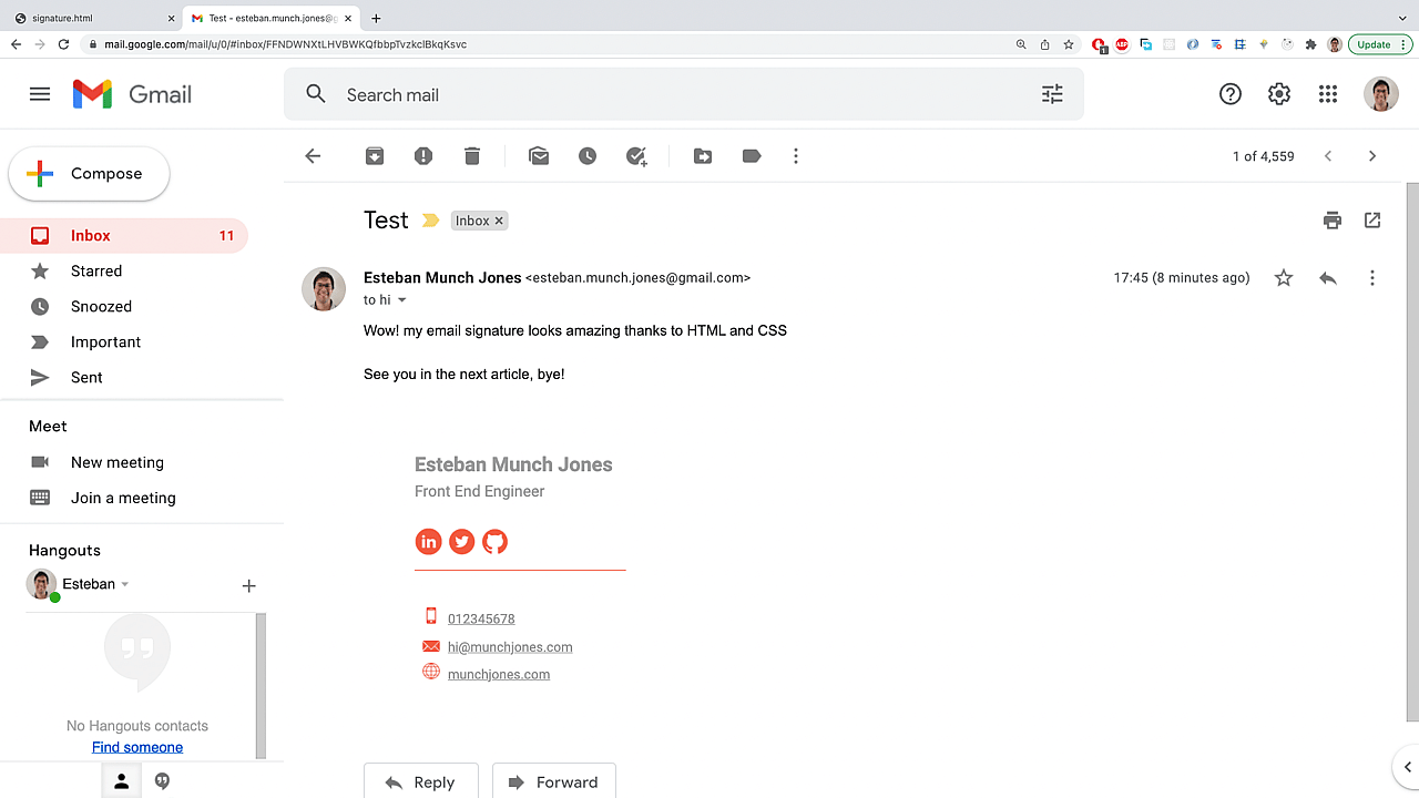 Send yourself a test email to preview the signature
