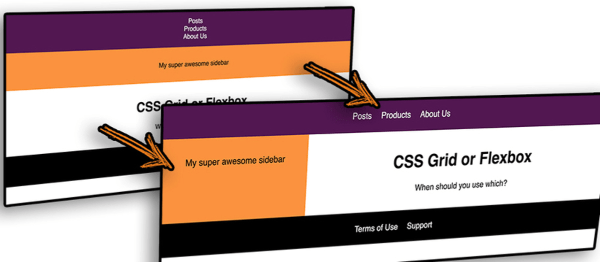 Header, Aside, Main and Footer before and after adding CSS Grid.