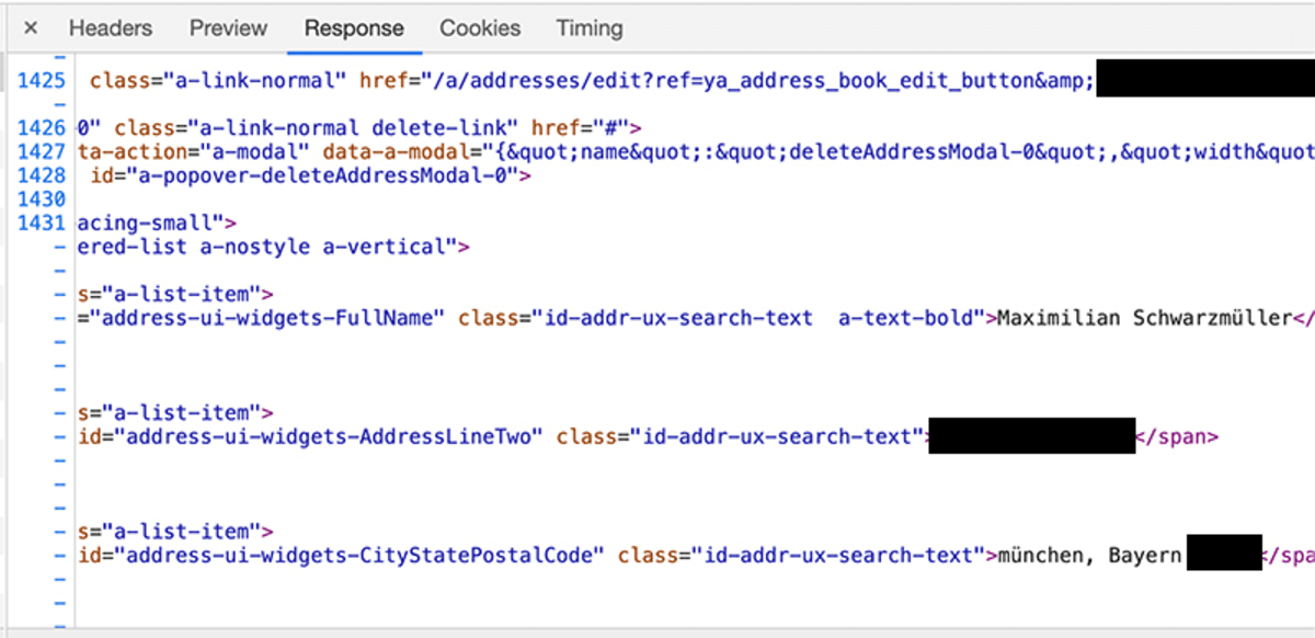 The response received by the browser contains a lot of personal data.