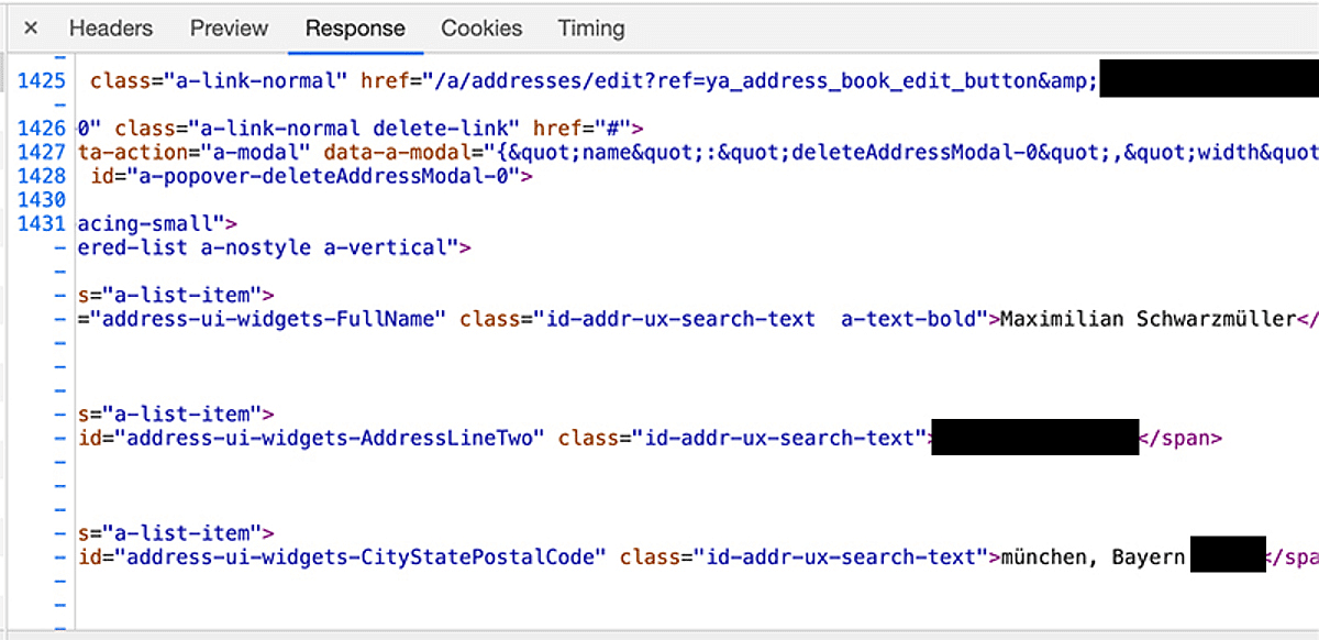 The response received by the browser contains a lot of personal data.