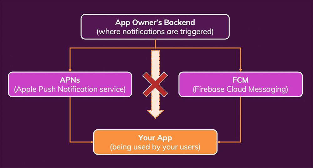 Push notifications are not sent directly from you to the devices, instead you have to use Apple's and Google's push services.