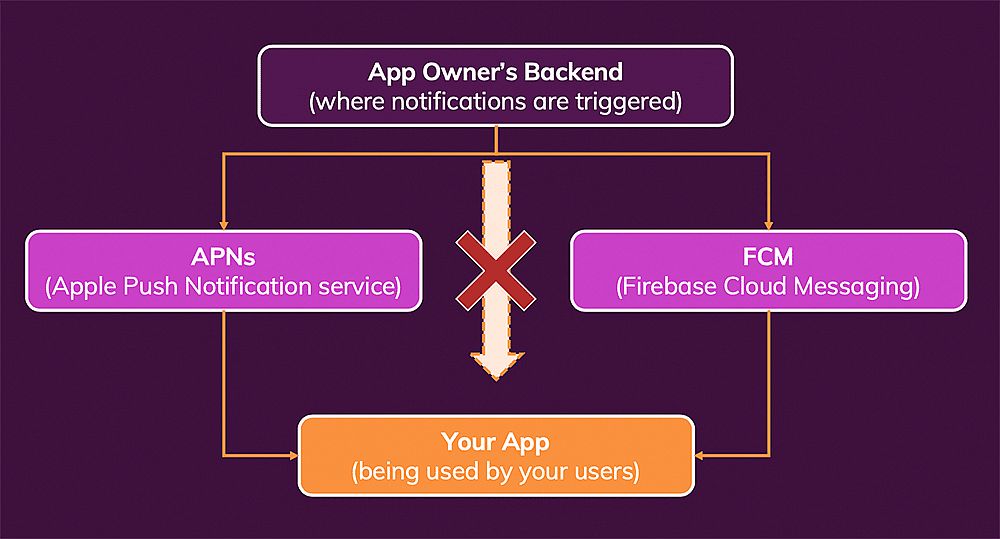Push notifications are not sent directly from you to the devices, instead you have to use Apple's and Google's push services.