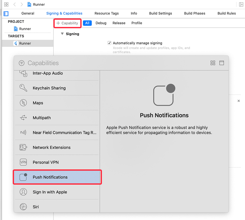 Turn on Push Notifications and Background Modes in XCode