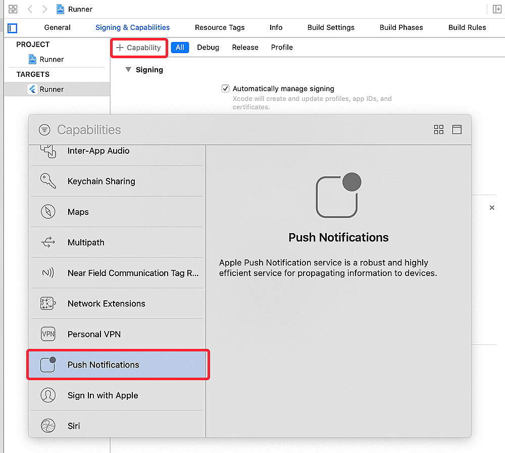Turn on Push Notifications and Background Modes in XCode