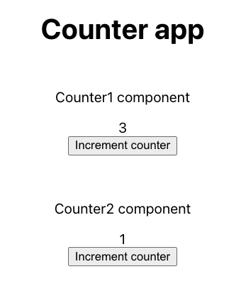 A screenshot showing a basic counter app where buttons can be clicked to increment or decrement a counter.