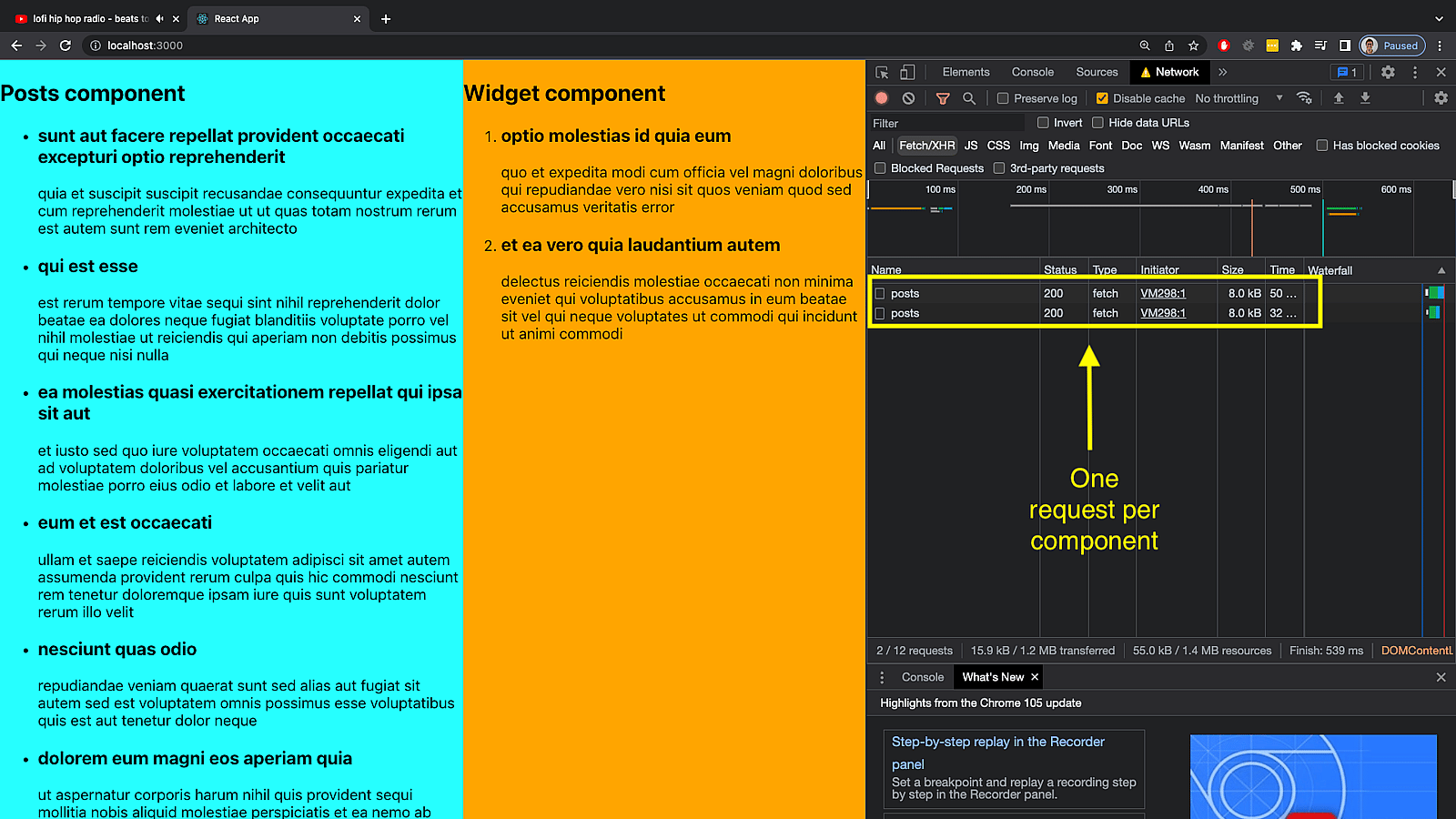 A screenshot showing the Network tab of the browser developer tools. One HTTP request for each component instance can be found there.