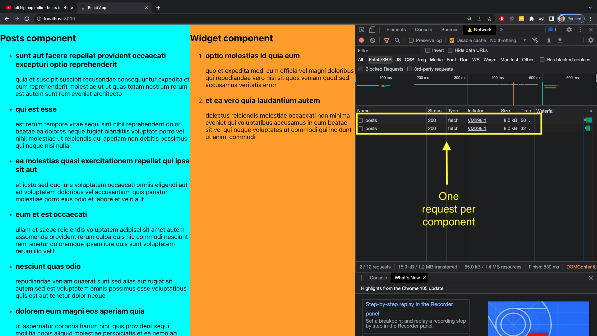A screenshot showing the Network tab of the browser developer tools. One HTTP request for each component instance can be found there.