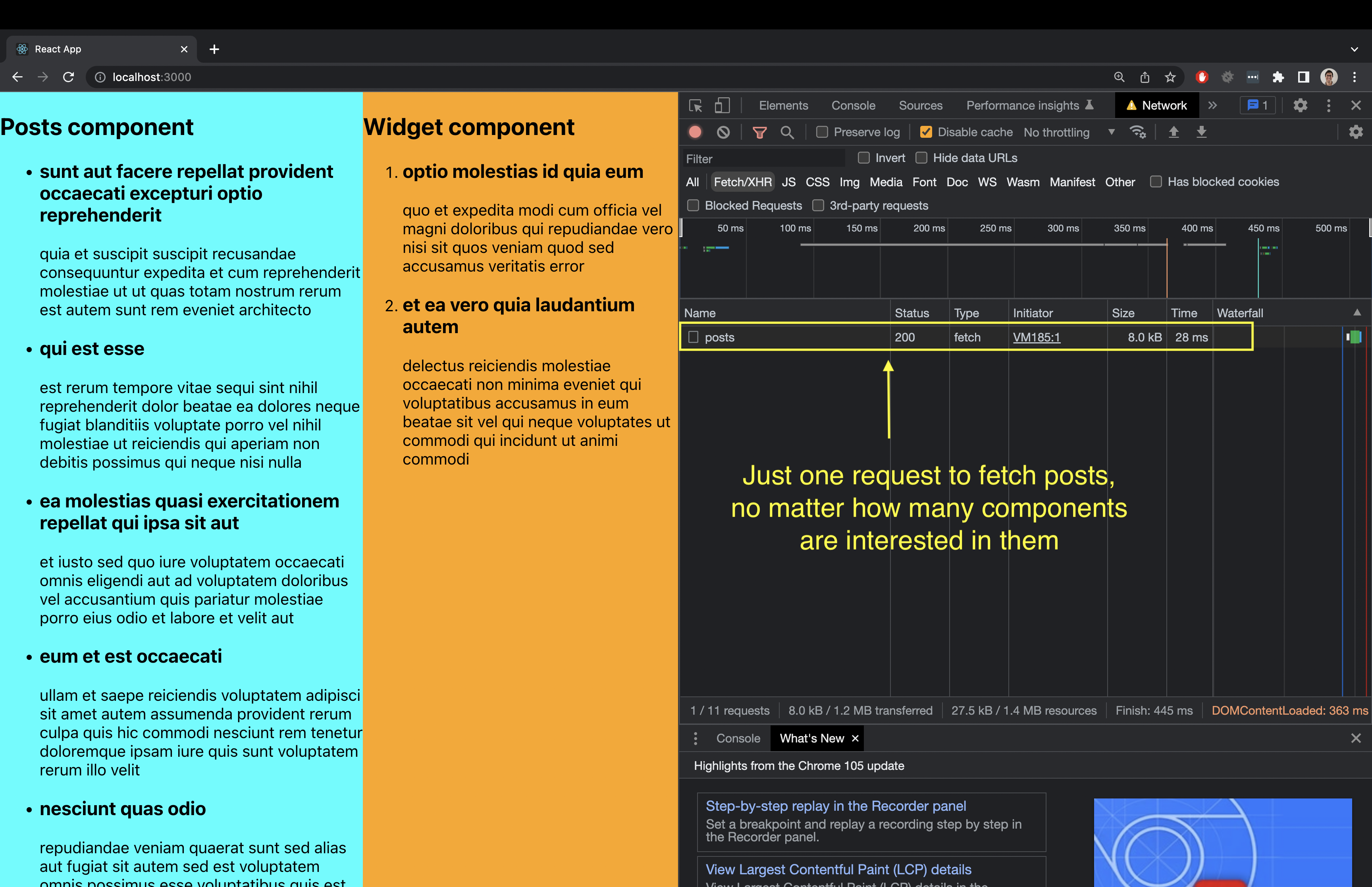 A screenshot showing the Network tab of the browser developer tools. Only one HTTP request can be found there.