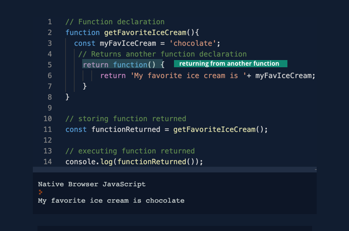 A function returns another function as a value.