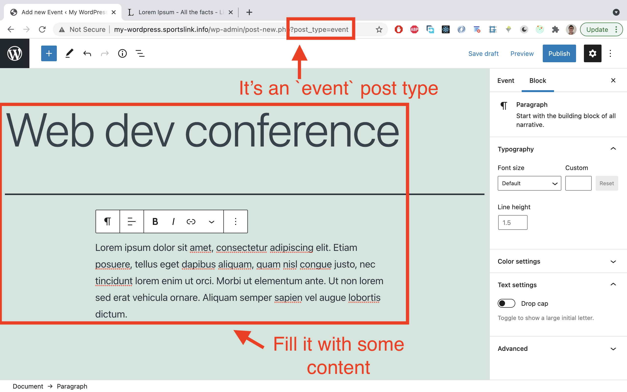Add any content of your choice to that 'Events' post type.
