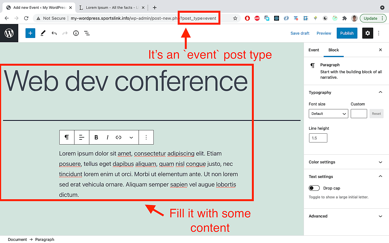 Add any content of your choice to that 'Events' post type.