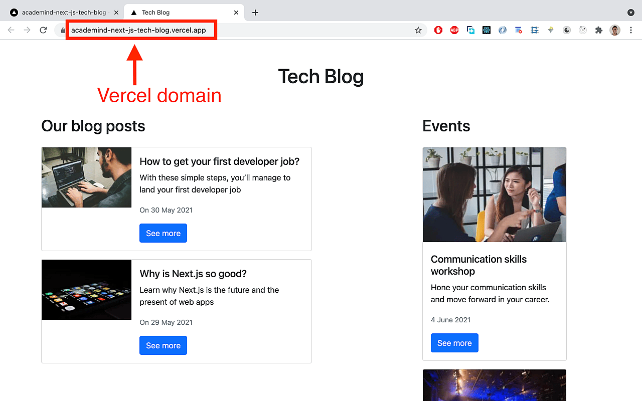 Vercel assigns a URL automatically - you can then use that to view your deployed Next.js site.