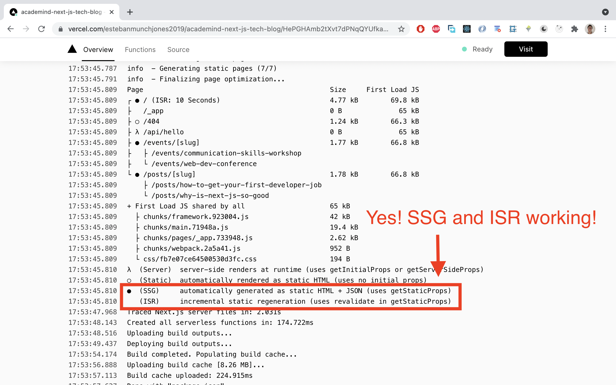 In the build logs, you should find lines that signal that SSG and ISR are working.