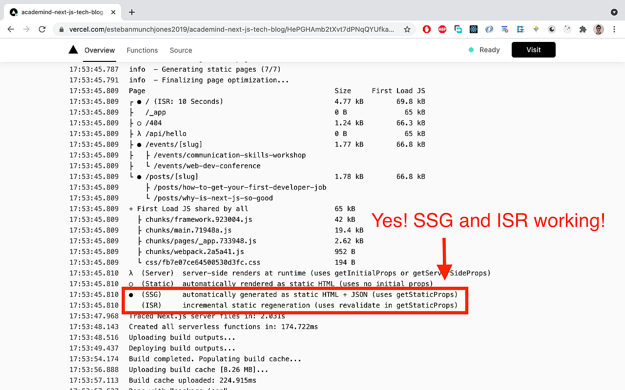 In the build logs, you should find lines that signal that SSG and ISR are working.