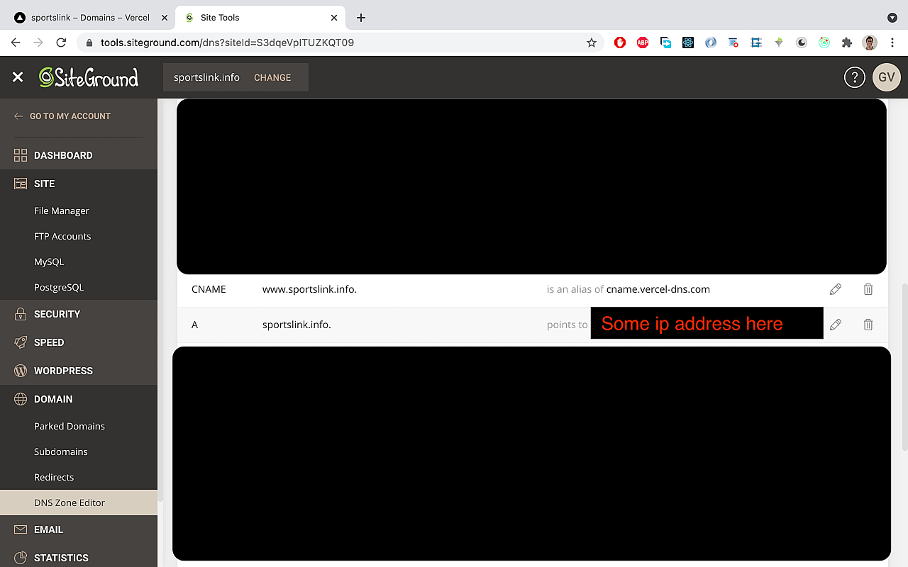 Add a CNAME record with your 'www.<your-subdomain>', pointing at cname.vercel-dns.com. Also set your A record to have your subdomain as a value.