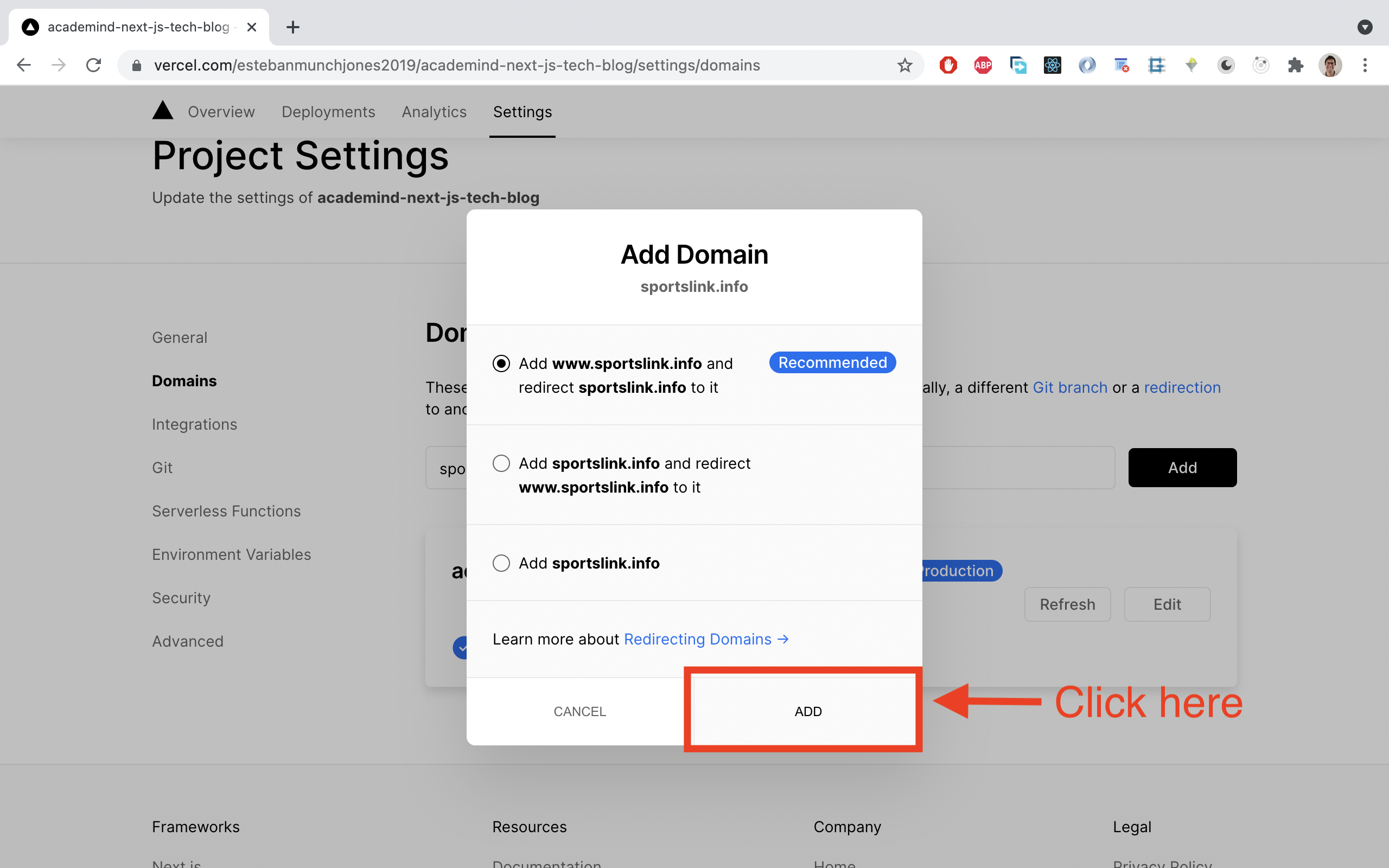 In the overlay, choose 'Add'.