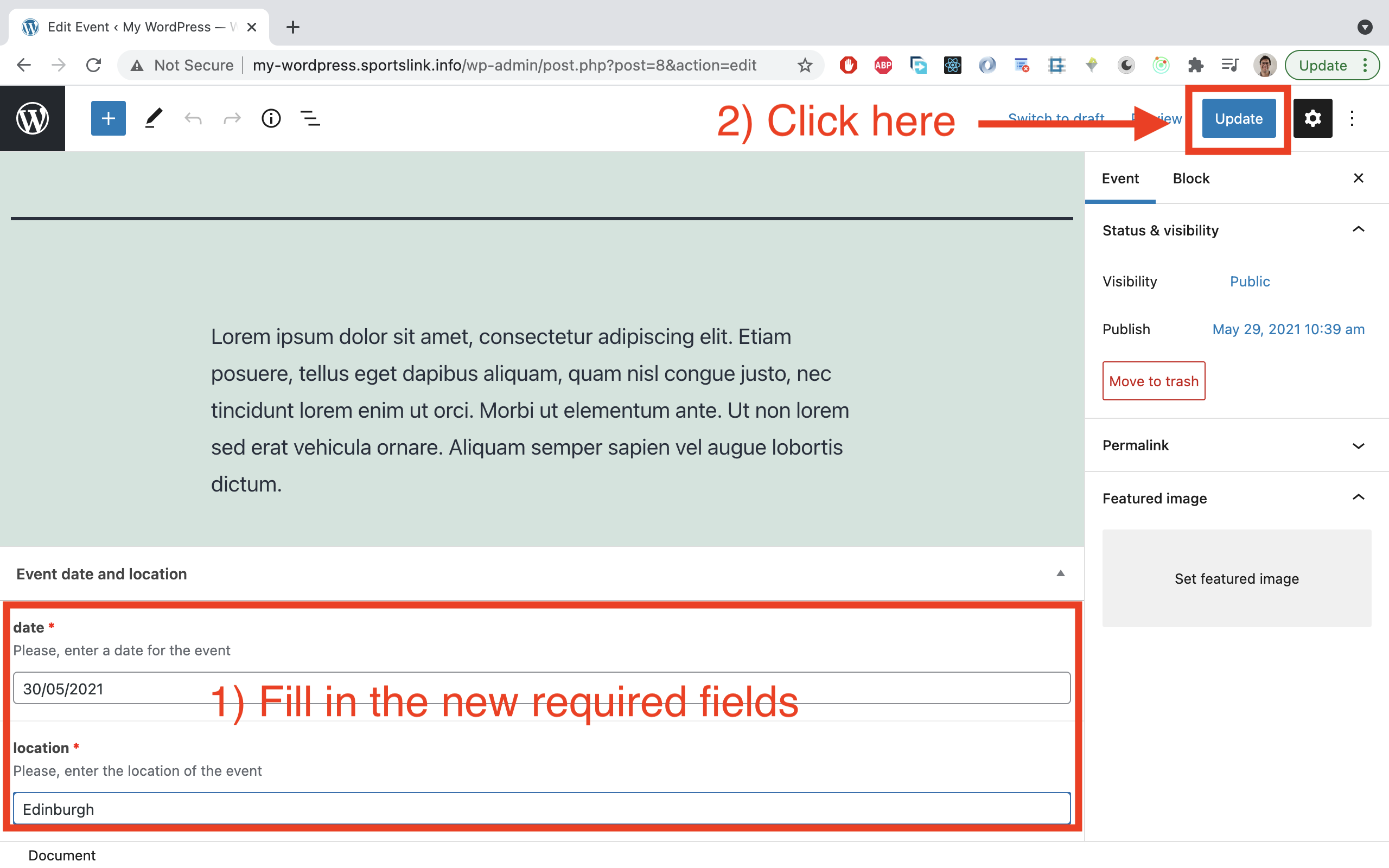Update the post from before and values for the newly required fields (date and location). Then click 'Update' to confirm the changes.