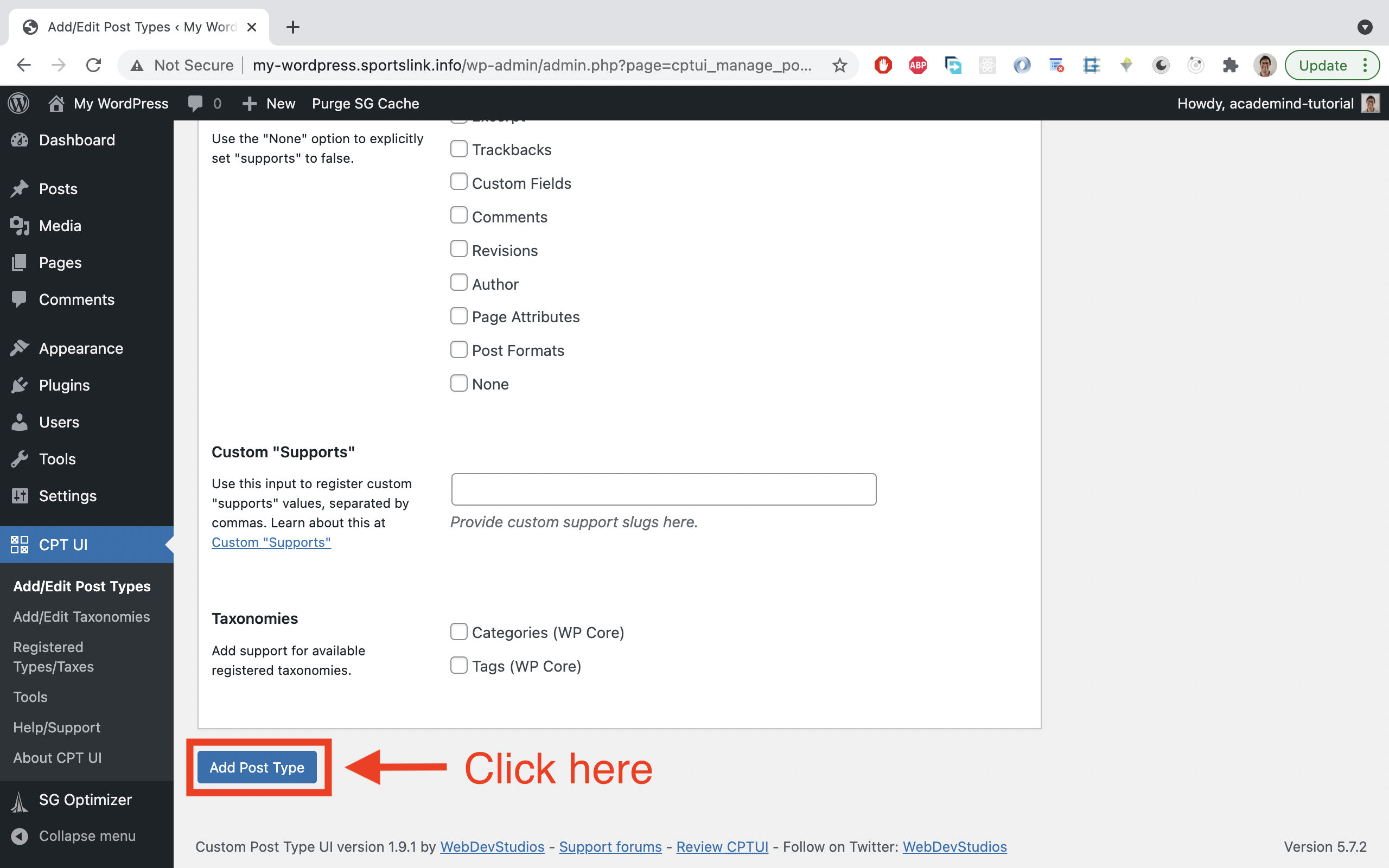 Scroll down further and click on 'Add Post Type' at the bottom of the page.