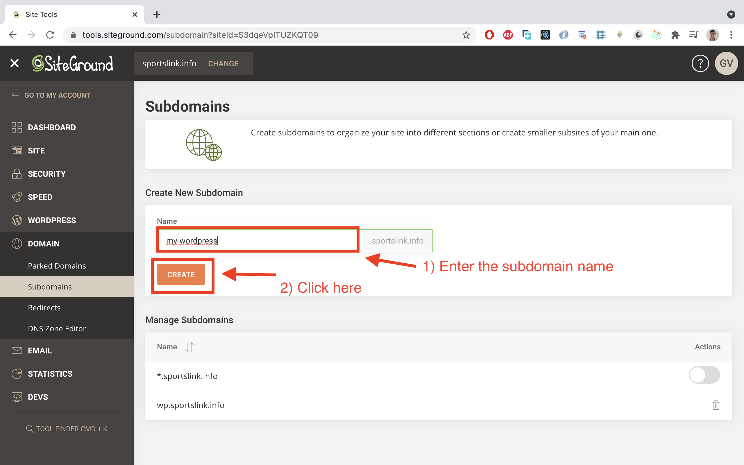 Enter the subdomain field in the 'name' field and click on the 'create' button thereafter.