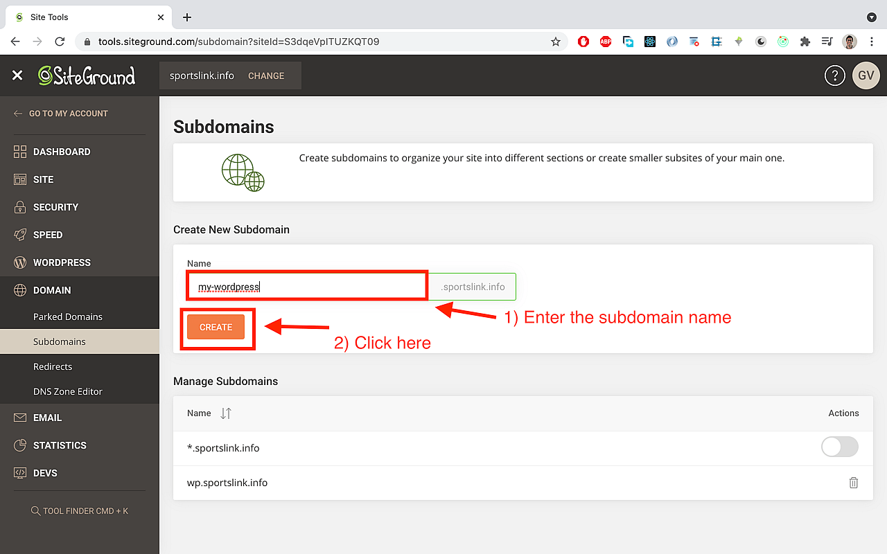 Enter the subdomain field in the 'name' field and click on the 'create' button thereafter.