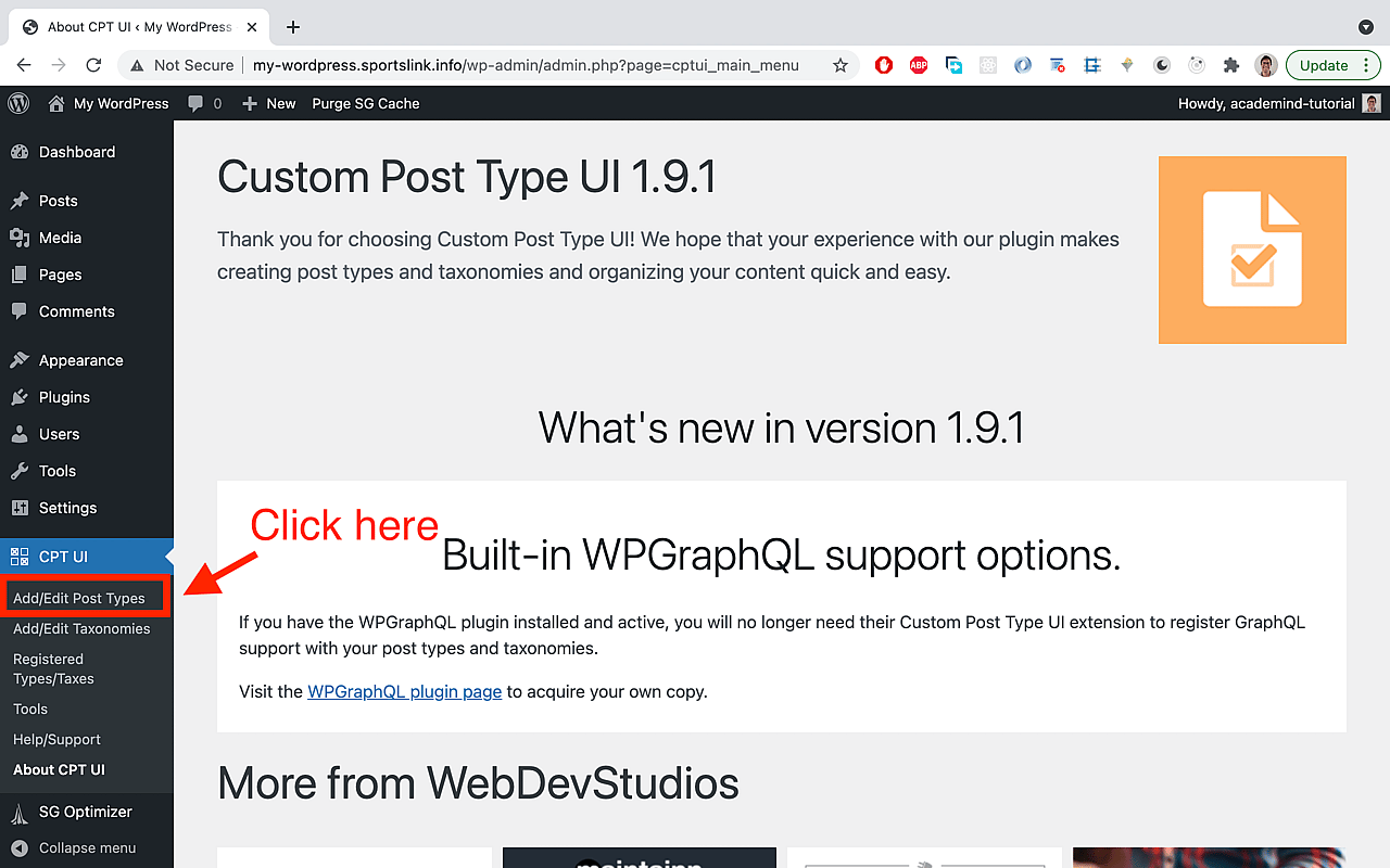 Select the newly installed plugin in the sidebar and choose 'Add/edit Post Types'.