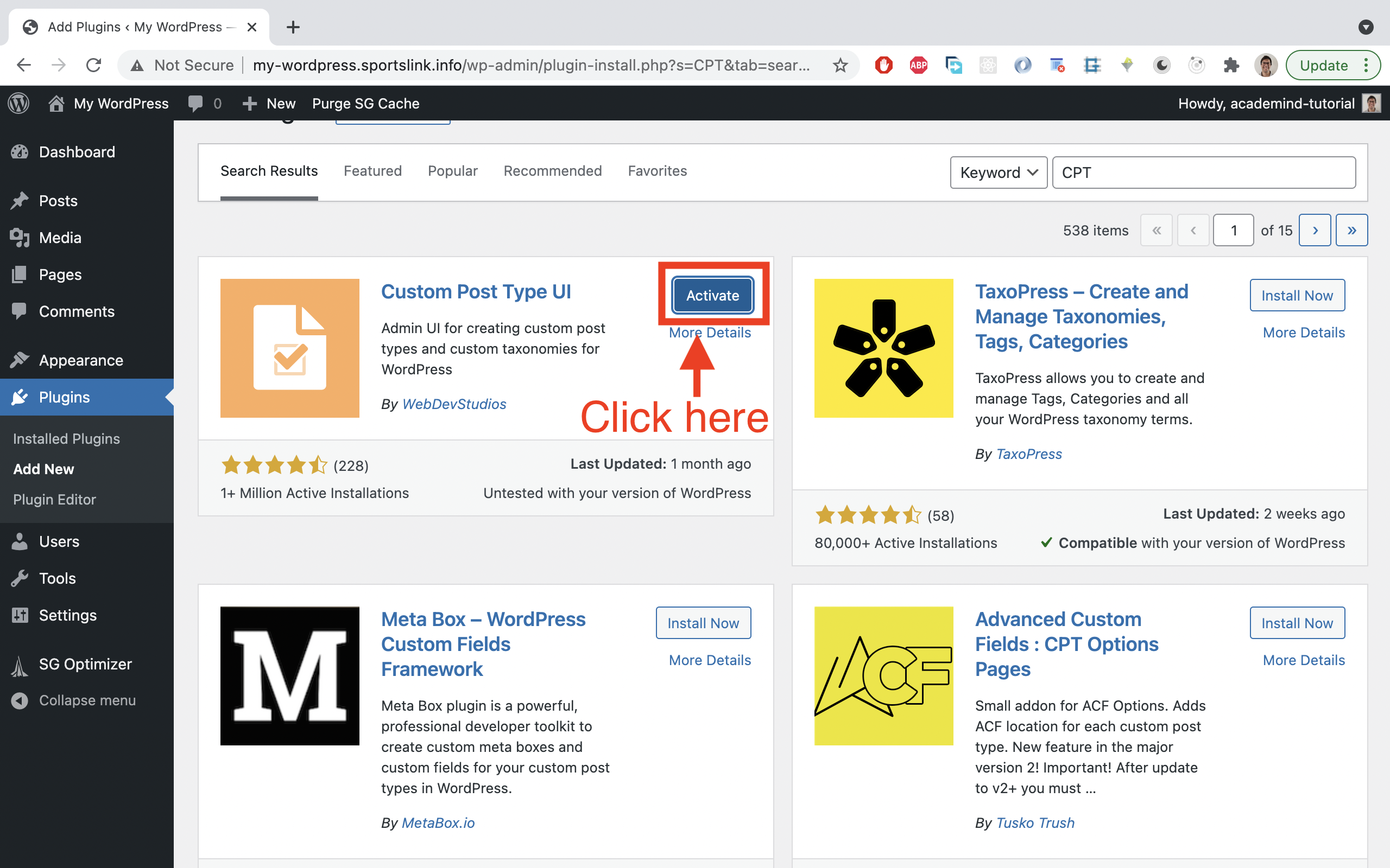 After installing the plugin, click on 'Activate'.