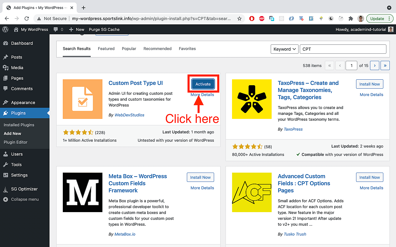 After installing the plugin, click on 'Activate'.