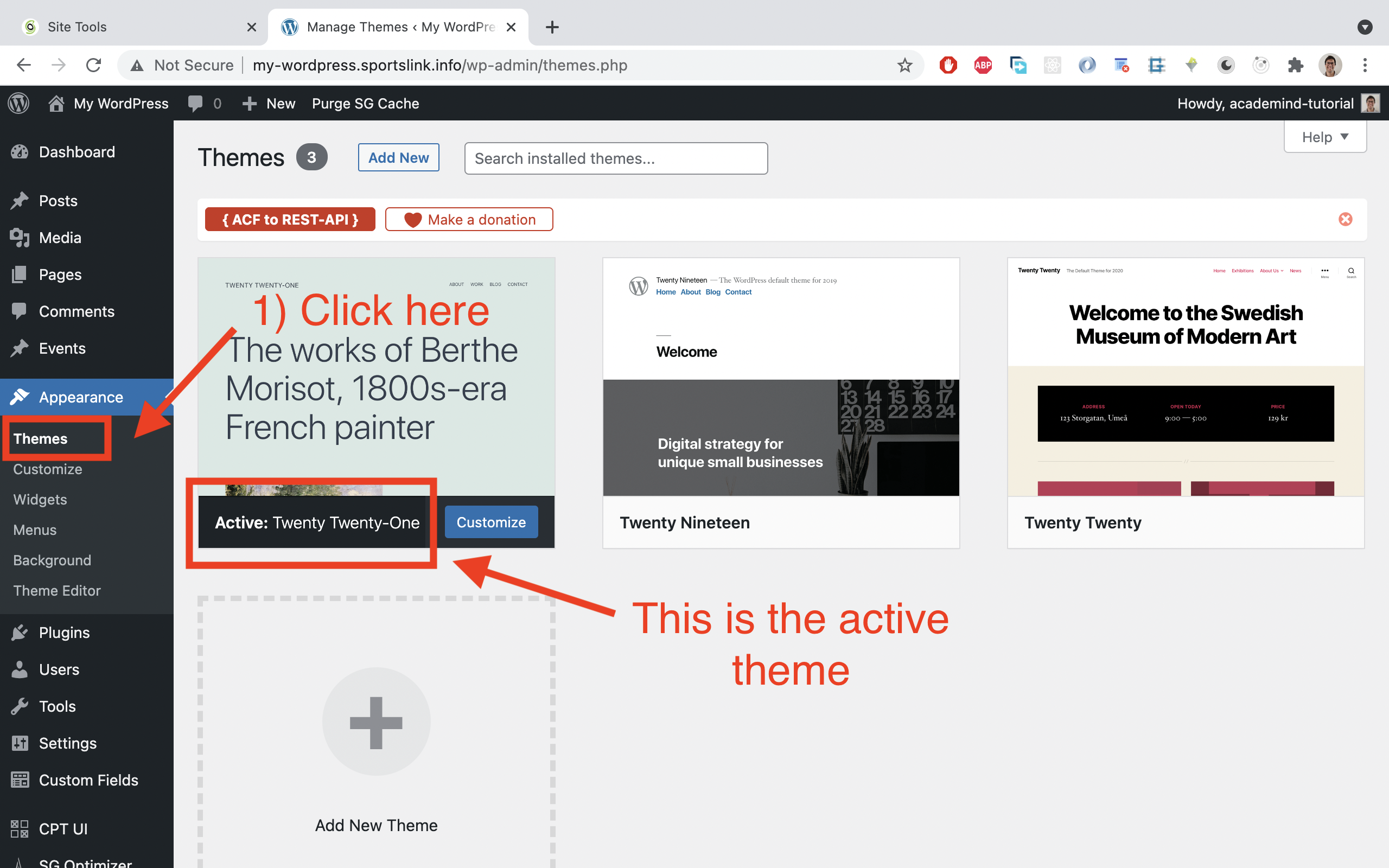 Click on 'Appearence' in the sidebar and choose 'Themes'. On this page, you find the name of the active theme.