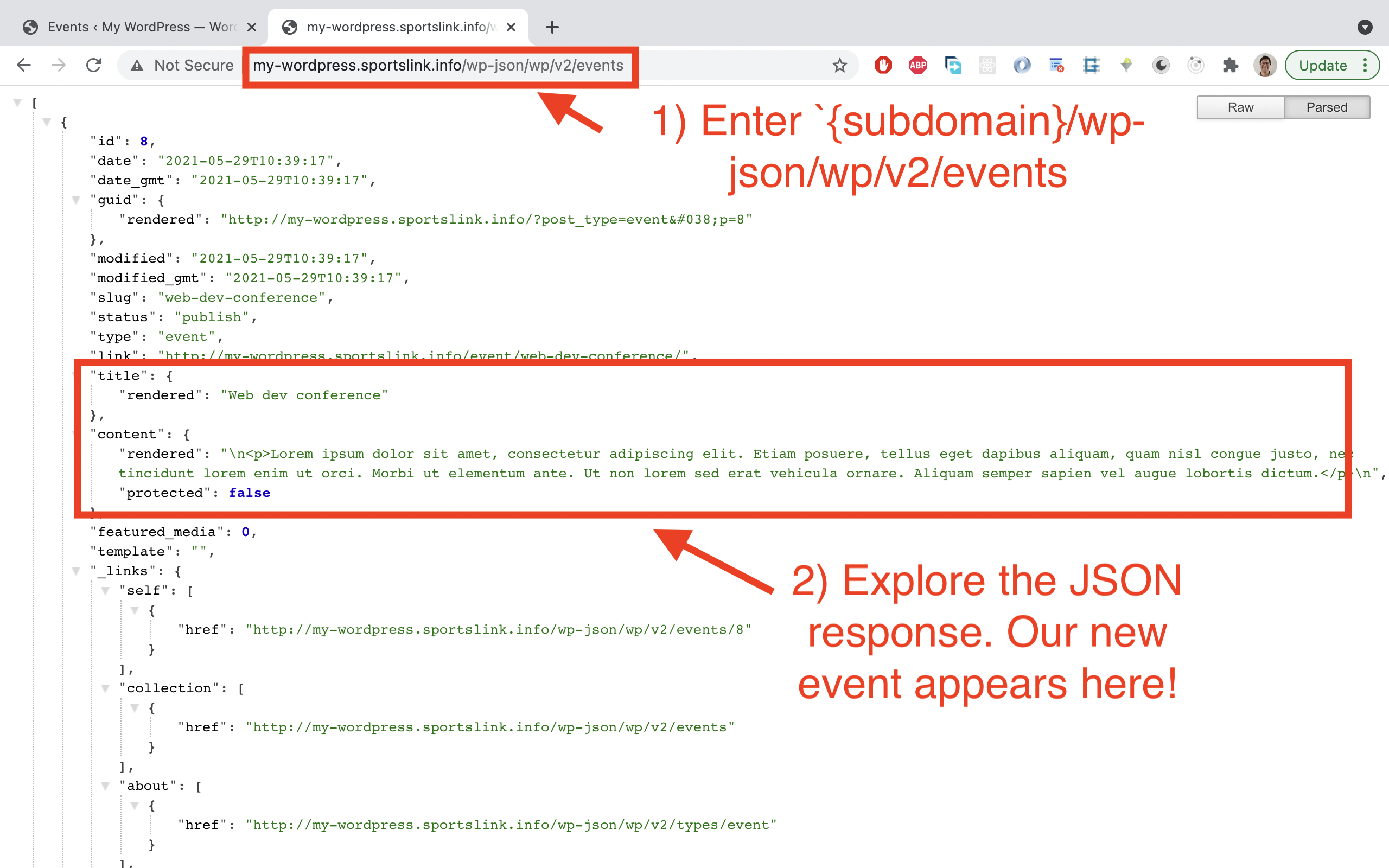 Visit the REST API endpoint for your subdomain and the /events path.