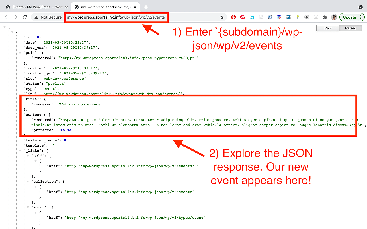 Visit the REST API endpoint for your subdomain and the /events path.
