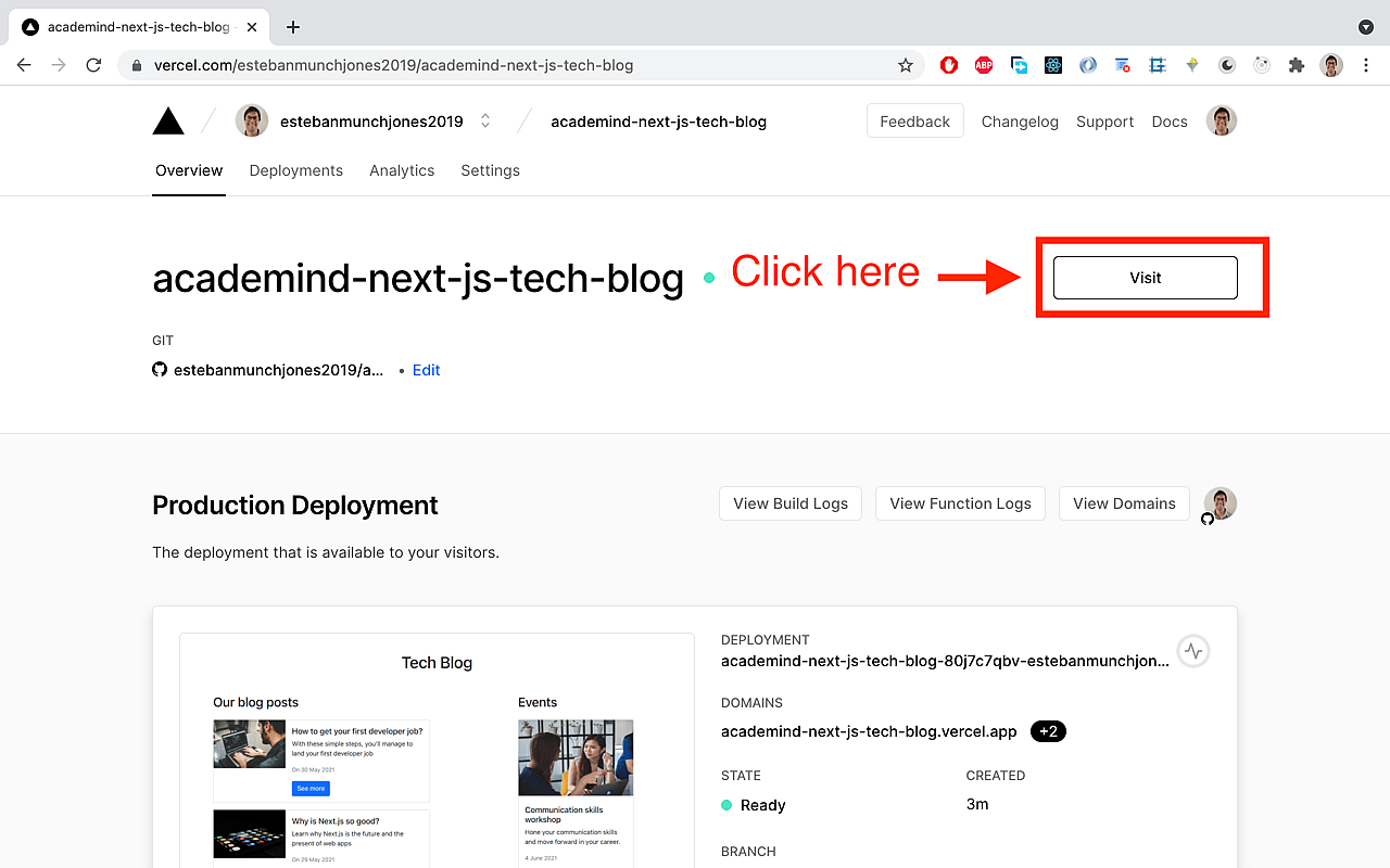 Once deployment finished, you can click the 'Visit' button to view the deployed page.