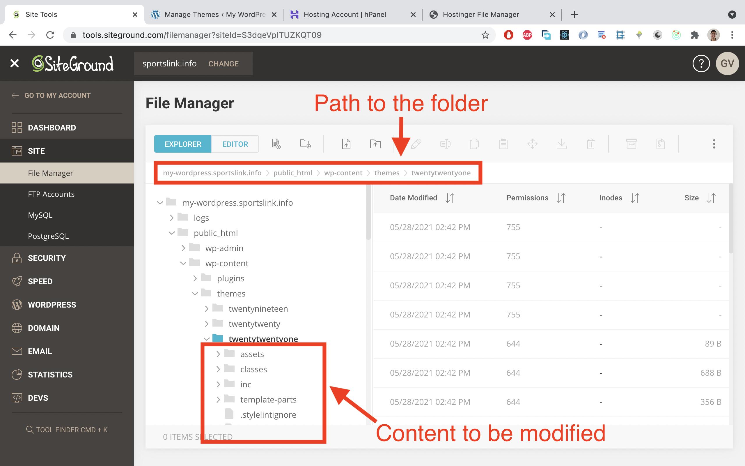 On Siteground, you can choose 'Site' and then 'File Manager'. There you find the path to the folder with your code. Choose a folder with your theme name there. You can modify the files in there to adjust the theme.