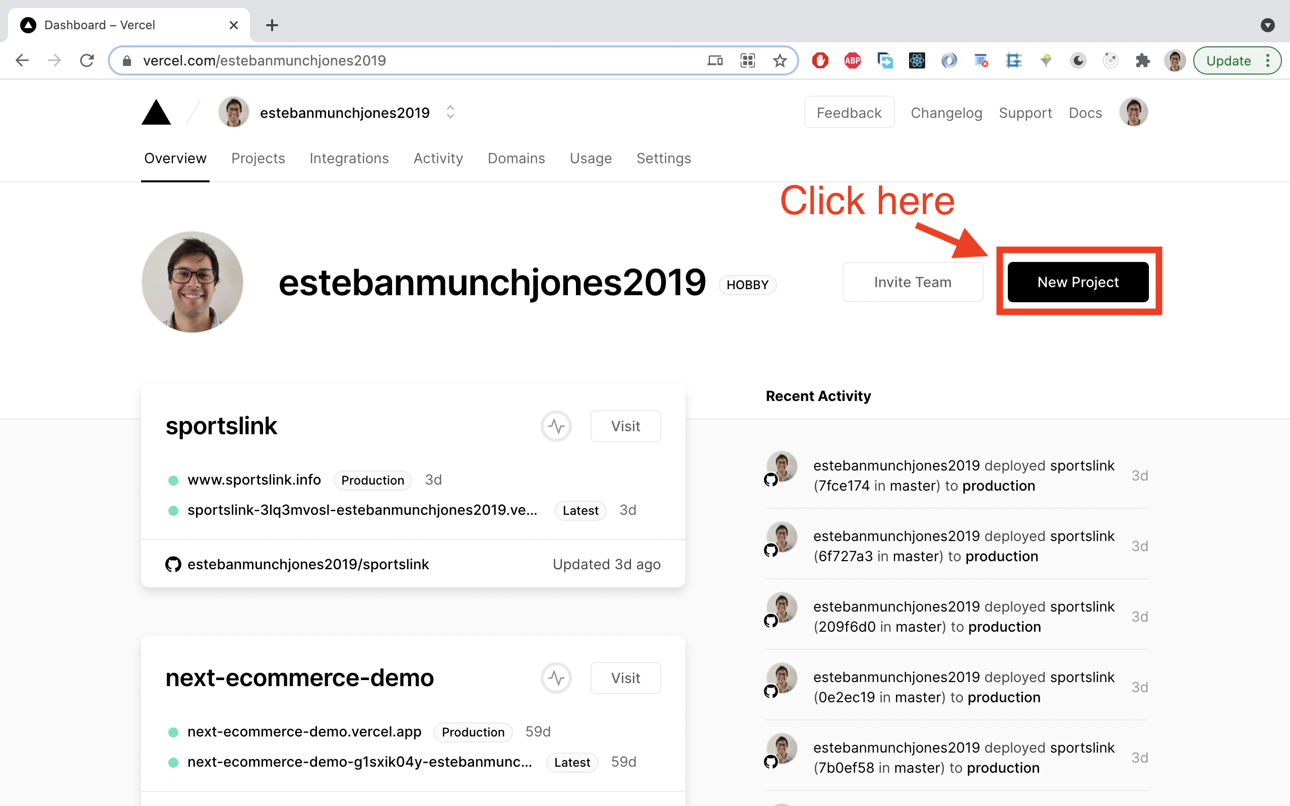 Click on 'New Project' on your Vercel page.