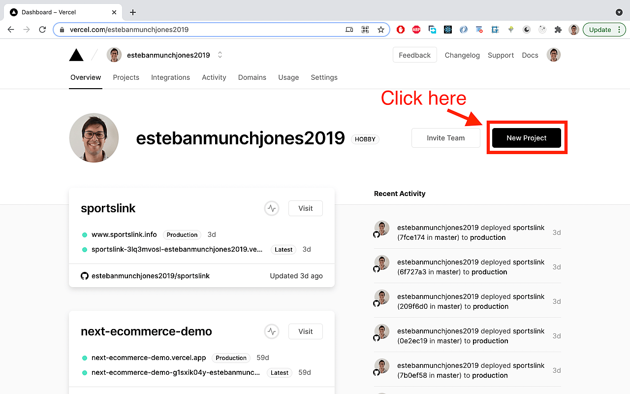 Click on 'New Project' on your Vercel page.