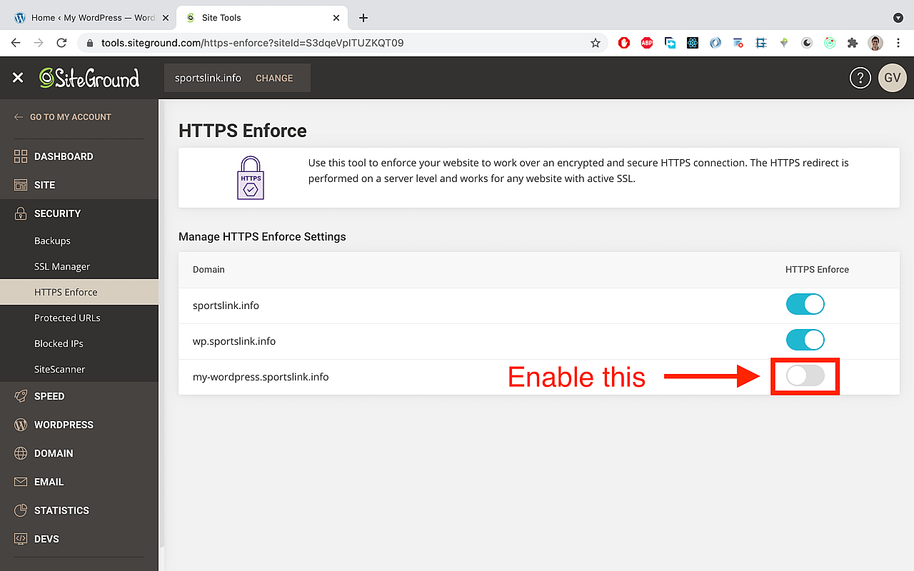 On the HTTPS Enforce page, enable it for your subdomain.
