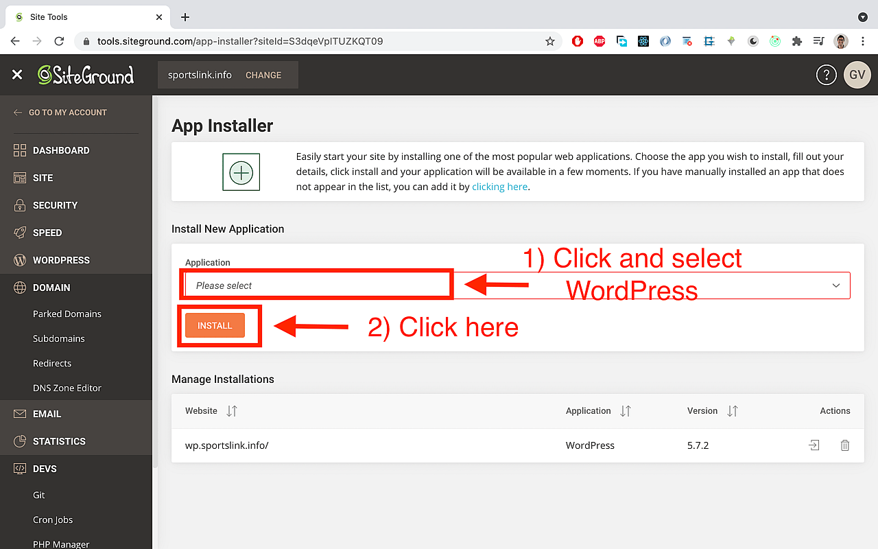 In the 'Application' dropdown, select 'Wordpress' and click 'Install' thereafter.