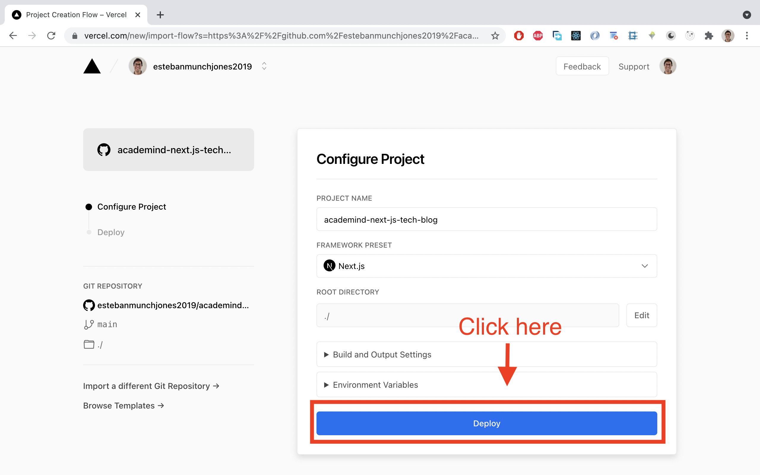 Keep the default settings and choose 'Deploy'.