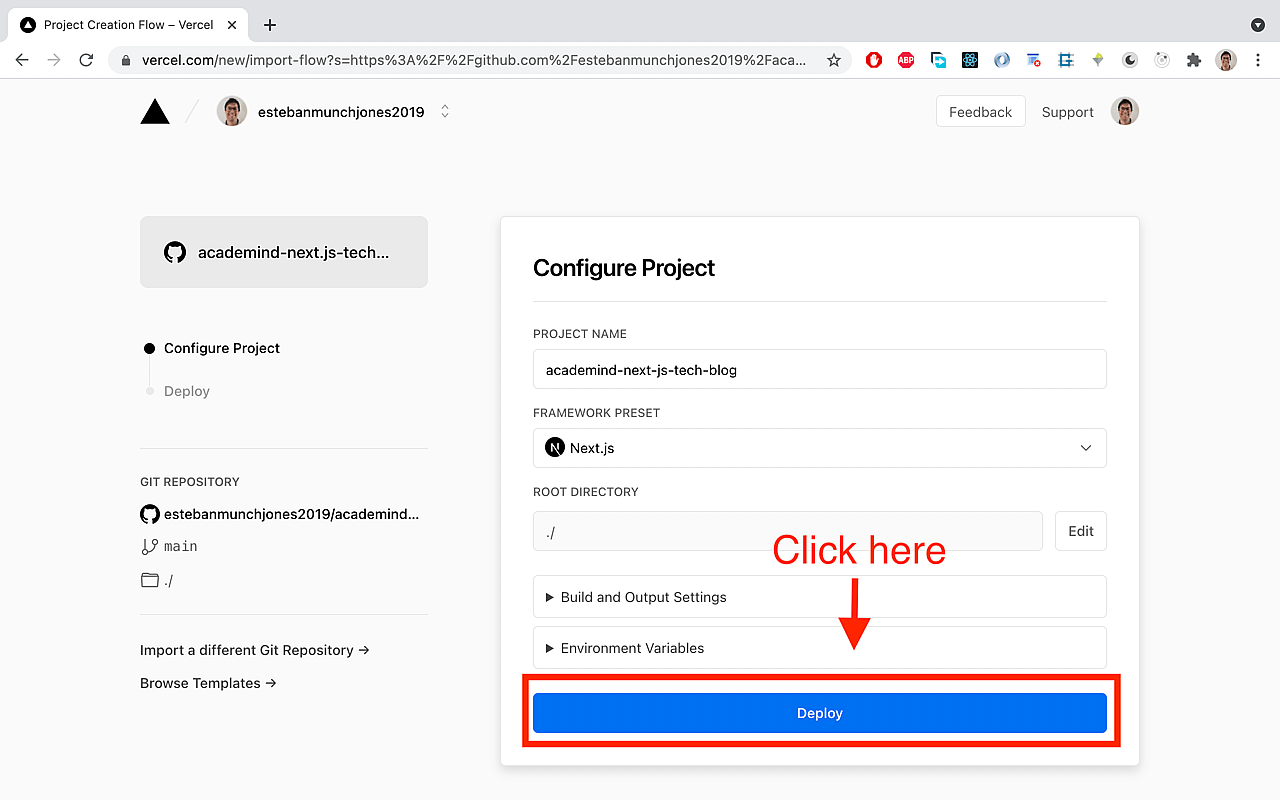 Keep the default settings and choose 'Deploy'.