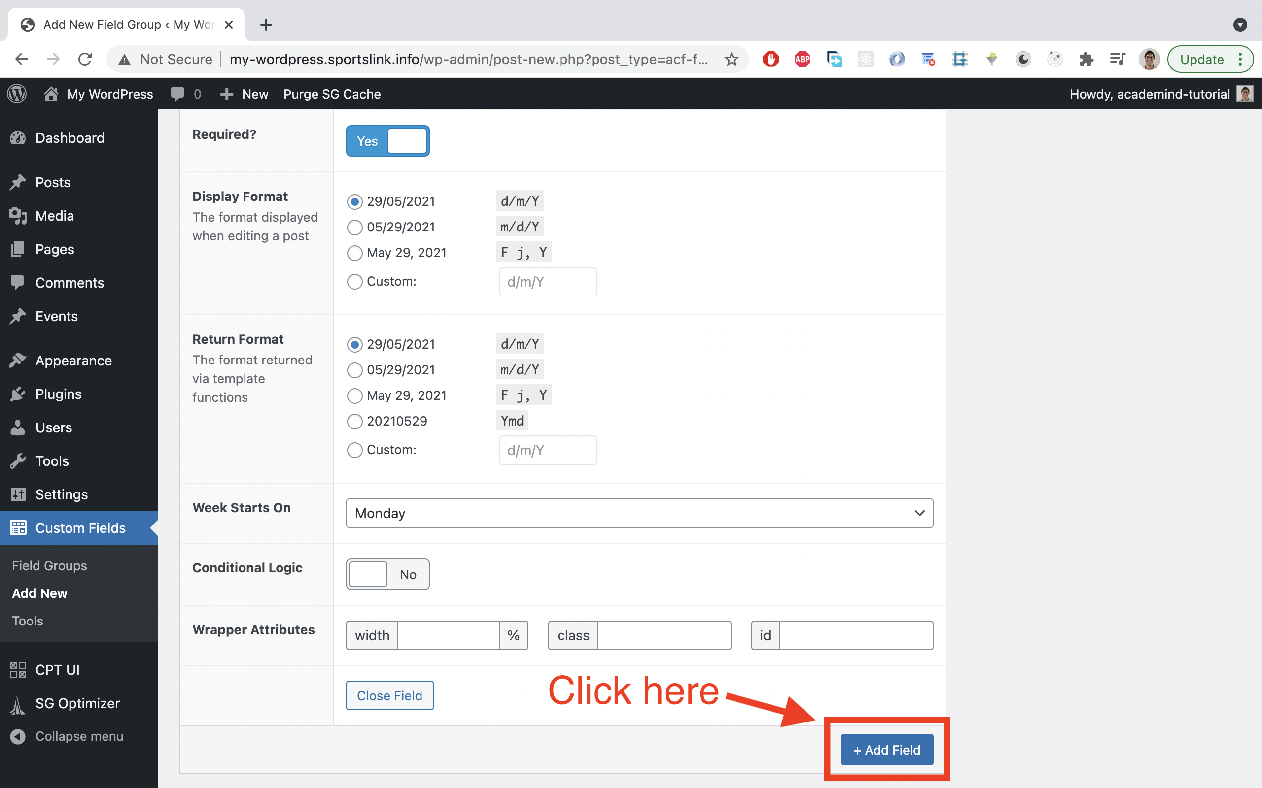 Click 'Add Field' at the bottom of the page.